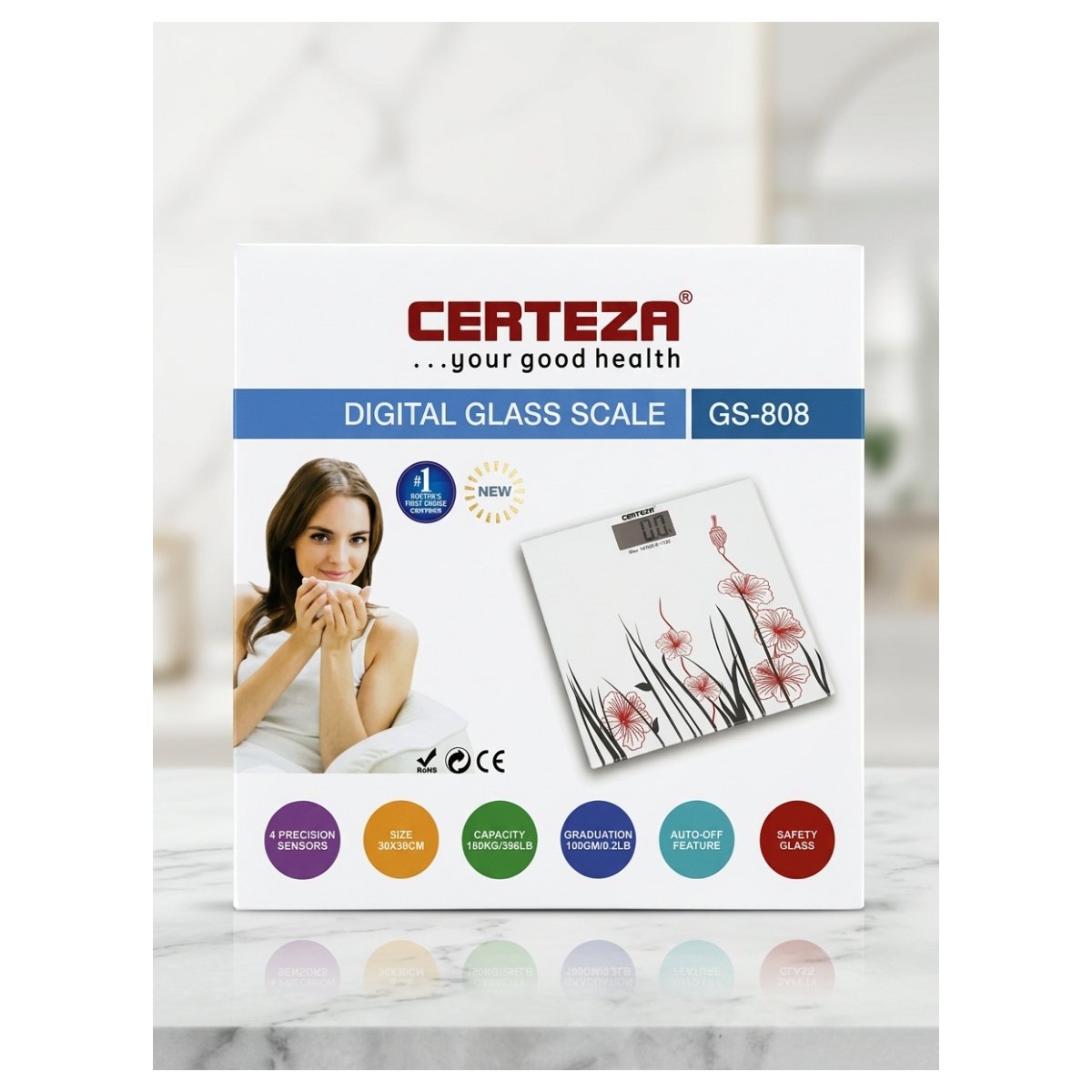 Certeza GS-808 digital glass bathroom scale with floral design