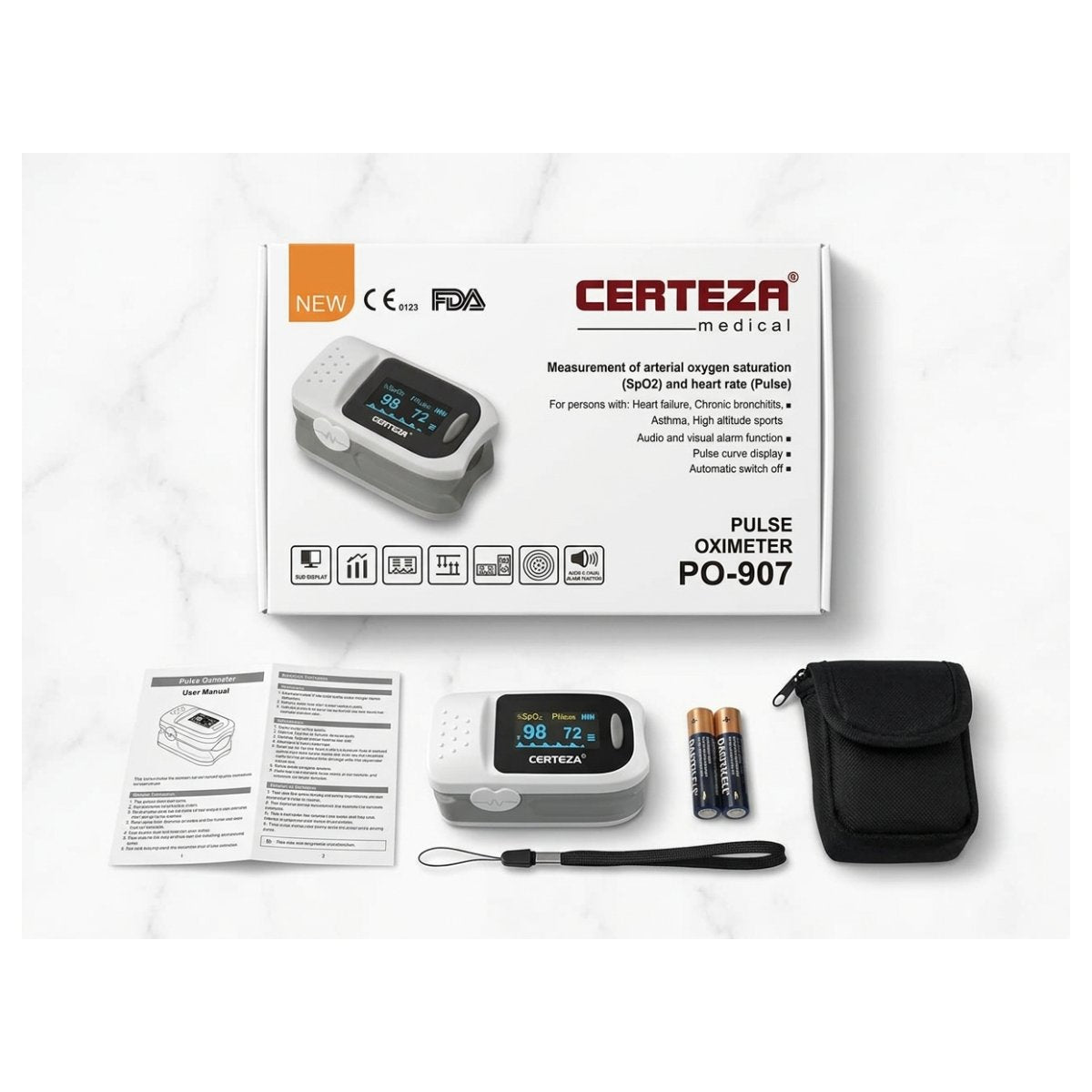 Certeza PO-907 fingertip pulse oximeter with dual colour OLED display